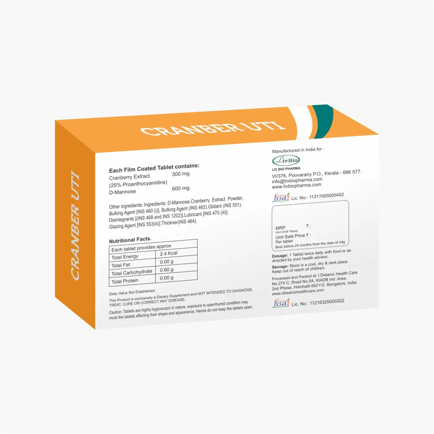 Livbio Cranber UTI, Cranberry & D-Mannose Tablets, 30 Veg Tablets