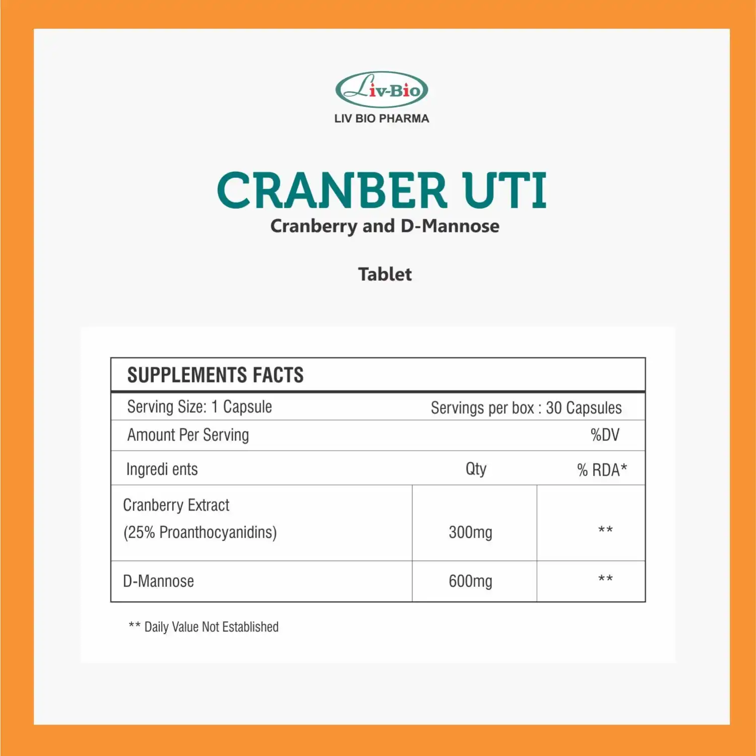 Livbio Cranber UTI, Cranberry & D-Mannose Tablets, 30 Veg Tablets